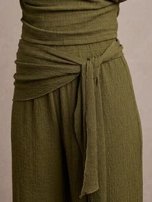 QUIZ Khaki High Waist Wide Leg Trousers With Draped Wrap Panel And Tie Detail, Pants For Women, Elegant Chic Pants, Wear To Work Trousers, Everyday Wear Pants, Summer Outfits For Women, Vacation Outfits Women - Olive Green - View 6