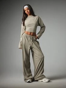 MISSGUIDED Ribbed Wide Leg Casual Pants With Elastic Drawstring Waist Horizontal Stripe Pattern Full Length Palazzo Style Summer Spring Loungewear - Multicolor - View 2