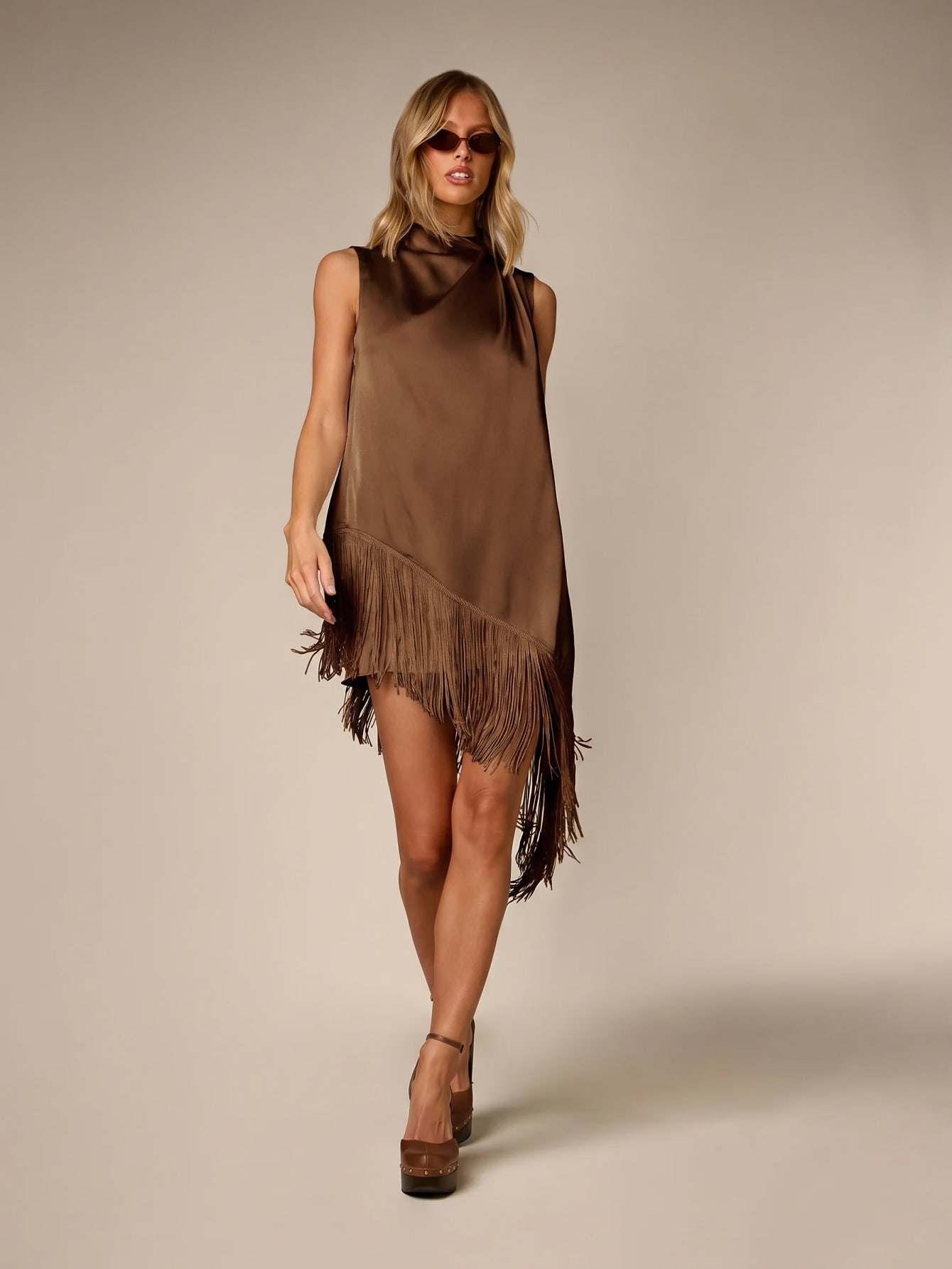 AiiRZ Satin Mini Dress With Mock Neck Draped Detail Asymmetric Fringe Hem Sleeveless A-Line Shift Silhouette Party Festival Holiday