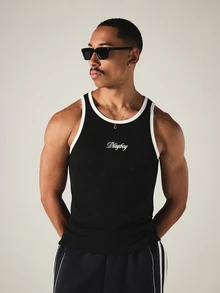 PLAYBOY X SUMWON Ribbed Knit Tank Top With Contrast White Trim Crew Neck Sleeveless Vest Embroidered Logo Summer Essential - Black - View 4