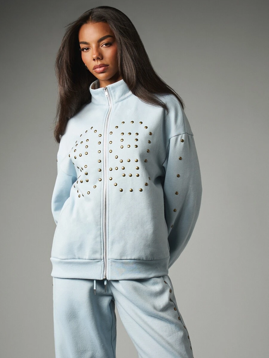 MISSGUIDED Oversized Full Zip Sweatshirt With Gold Metal Eyelet Embellishment High Neck Long Sleeve Casual Fleece Jacket Spring Style - Baby Blue - View 1