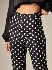 AiiRZ Polka Dot Cropped Capri Pants With Side Split Hem And Mid Rise Waist Retro Summer Style Casual Trousers - Black and White - View 4