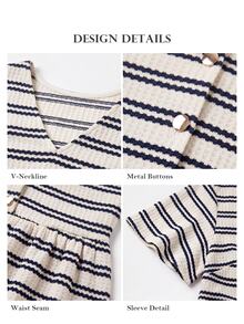 ELLERISSA Plus Size Apricot Navy Stripe V Neck Button Front Peplum T-Shirt - Apricot - View 6