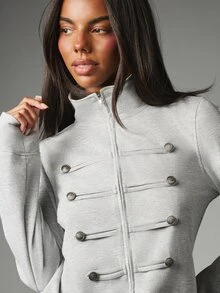 MISSGUIDED 軍裝風全拉鍊運動外套，銀色鈕扣裝飾，高領長袖修身版型 - 灰色 - 查看 4