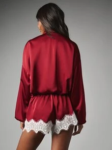 MISSGUIDED Satin Co-Ord Set Cropped Zip Neck Puff Sleeve Jacket And Lace Trim Mini Shorts Two Piece Luxury Loungewear Holiday Party Outfit - Red - View 2