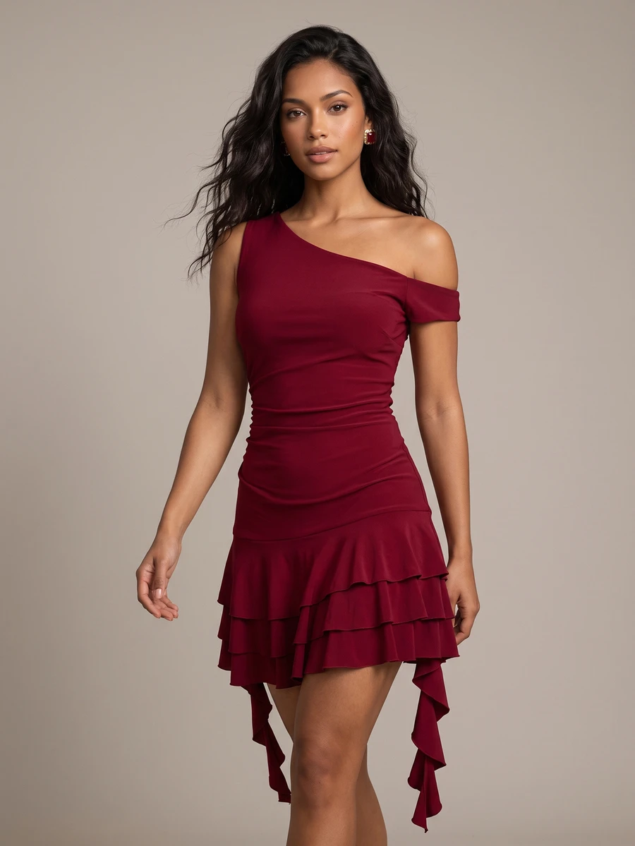 QUIZ Burgundy Asymmetric One Shoulder Ruched Waist Tiered Ruffle Hem ...