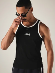 PLAYBOY X SUMWON Ribbed Knit Tank Top With Contrast White Trim Crew Neck Sleeveless Vest Embroidered Logo Summer Essential - Black - View 1