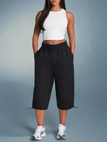 11SKNDS Wide Leg Cropped Pants With Elastic Drawstring Waist Side Pockets And Adjustable Hem Cords Lightweight Summer Festival Casual Style - Black - View 2