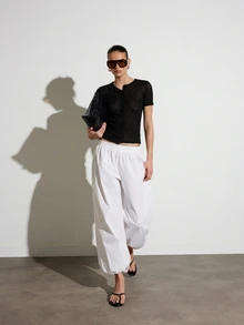 KSTM Sheer Linen Feel Button Down Short Sleeve Fitted Top With Round Neckline And Full Button Front Closure - Black - View 3