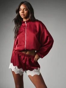 MISSGUIDED Satin Co-Ord Set Cropped Zip Neck Puff Sleeve Jacket And Lace Trim Mini Shorts Two Piece Luxury Loungewear Holiday Party Outfit - Red - View 4