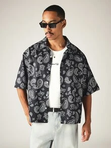 SUMWON Paisley Print Oversized Short Sleeve Button-Up Shirt With Spread Collar And All-Over Pattern Perfect For Summer Casual Outings - Black - View 5