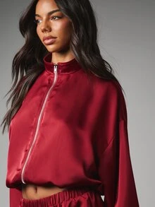 MISSGUIDED Satin Co-Ord Set Cropped Zip Neck Puff Sleeve Jacket And Lace Trim Mini Shorts Two Piece Luxury Loungewear Holiday Party Outfit - Red - View 5