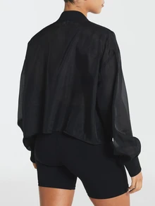 11SKNDS Sheer Organza Oversized Bomber Jacket With Full Zip Closure Ribbed Cuffs And Hem Cropped Silhouette Lightweight Cover Up - Black - View 2