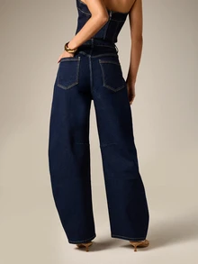AiiRZ Dark Wash Wide Leg Barrel Jeans With High Contrast Stitching Mid Rise Full Length Denim Pants Fall Winter Wardrobe Staple - Dark Wash - View 3