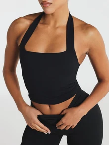11SKNDS Halter Neck Square Neckline Sleeveless Crop Tank Top With Open Back And Tie Neck Detail With Sweat-Wicking, Stretchy, Breathable, Quick-Dry & Buttery-Soft, For Gym Workout Fitness Yoga Pilates Studio, Running, Training & Hy-Rox - Black - View 1