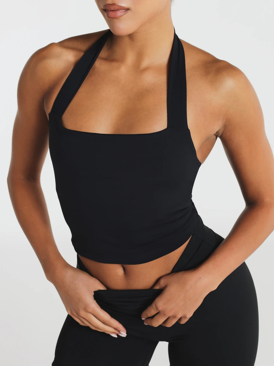 11SKNDS Halter Neck Square Neckline Sleeveless Crop Tank Top With Open Back And Tie Neck Detail With Sweat-Wicking, Stretchy, Breathable, Quick-Dry & Buttery-Soft, For Gym Workout Fitness Yoga Pilates Studio, Running, Training & Hy-Rox - Black - View 1