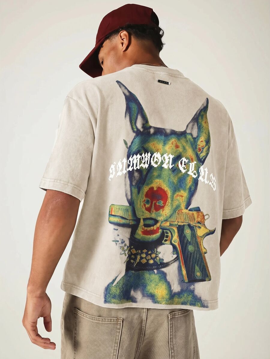 SUMWON Boxy Fit Oversized Graphic T-Shirt With Doberman Back Print And Graffiti Script Logo On Chest Crew Neck Short Sleeve Street Style Tee - Beige - View 1