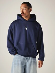 PLAYBOY X SUMWON Bunny 大廓型海軍藍連帽衛衣，背面水鑽星星圖案，正面 Logo 印花，套頭運動衫，節日禮物 - 藍色 - 查看 2
