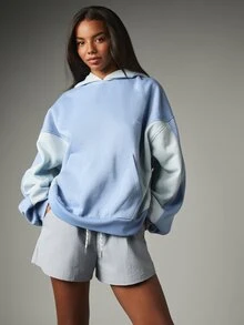 MISSGUIDED 大尺寸拼色連帽衛衣，大帽兜、前口袋、刺繡標誌，舒適套頭運動衫 - 藍色 - 查看 1