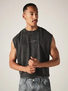 PLAYBOY X SUMWON Acid Washed Sleeveless Muscle Tee With Magazine Cover Back Graphic Print Boxy Crop Fit Summer Festival Top - Black - View 2