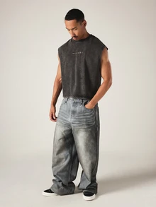 PLAYBOY X SUMWON Acid Washed Sleeveless Muscle Tee With Magazine Cover Back Graphic Print Boxy Crop Fit Summer Festival Top - Black - View 3