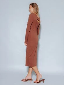Pimkie Edition Women's Midi Dress Ribbed Knit, Ruched Side Detail Sleeveless Slim Fit, Evening Wear - Brown - View 3