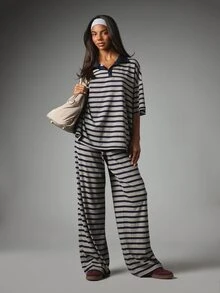 MISSGUIDED Oversized Striped Polo Co-Ord Set Wide Leg Trousers Collared Short Sleeve Two-Piece Summer Casual Outfit - Multicolor - View 1