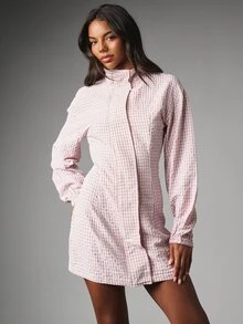 MISSGUIDED 格紋迷你襯衫洋裝 高領長泡泡袖 前隱藏鈕扣 泡泡紋梭織面料 春夏場合日常穿著 - 粉色 - 查看 1