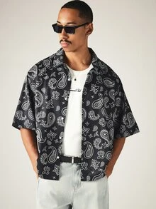 SUMWON Paisley Print Oversized Short Sleeve Button-Up Shirt With Spread Collar And All-Over Pattern Perfect For Summer Casual Outings - Black - View 4