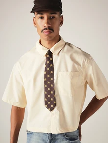SUMWON Short Sleeve Cropped Button-Up Shirt With Point Collar And Chest Pocket In Smooth Woven Fabric Summer Essential - Khaki - View 5