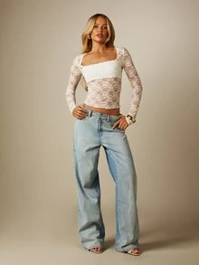 MISSGUIDED Floral Lace Square Neck Long Sleeve Sheer Crop Top With Scallop Hem Perfect For Spring Summer Date Night - White - View 5