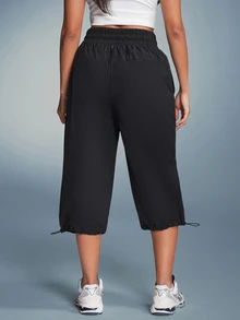 11SKNDS Wide Leg Cropped Pants With Elastic Drawstring Waist Side Pockets And Adjustable Hem Cords Lightweight Summer Festival Casual Style - Black - View 4