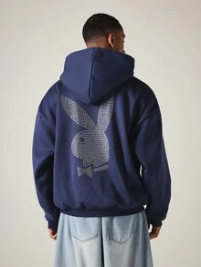 PLAYBOY X SUMWON Bunny 大廓型海軍藍連帽衛衣，背面水鑽星星圖案，正面 Logo 印花，套頭運動衫，節日禮物 - 藍色 - 查看 4