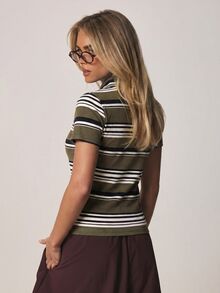 MISSGUIDED 條紋小立領挖空修身短袖彈性針織上衣 春夏夜生活休閒穿搭 - 軍綠色 - 查看 2