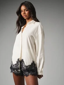 MISSGUIDED Oversized Button-Down Shirt With Contrast Black Lace Trim Hem Longline Collared Top Elegant Evening Party Spring Summer - Apricot - View 4