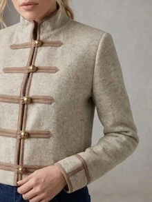 Rouah Women's Stand Collar Military Style Long Sleeve Button Front Jacket - Autumn Jacket, Winter Jacket, Jacket For Summer Nights, Felt Textured Jacket, Military Style Jacket - Apricot - View 4