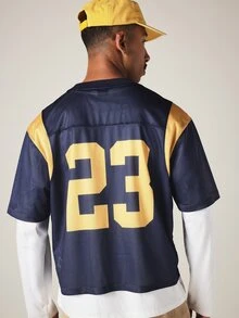 SUMWON Oversized Mesh Football Jersey With Gold Color Block Panels Script Logo Front Number 23 Back Crew Neck Short Sleeve Top,Oversized Jerseys For Men - Royal Blue - View 4