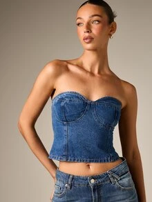 AiiRZ Denim Sweetheart Neckline Strapless Corset Crop Top Structured Bustier Boned Summer Festival Style - Blue - View 5