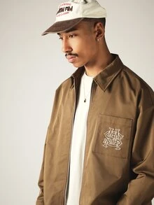 SUMWON Oversized Zip-Up Harrington Jacket With Point Collar Chest Pocket And Monogram Logo Embroidery For Fall Winter Casual Streetwear - Brown - View 5