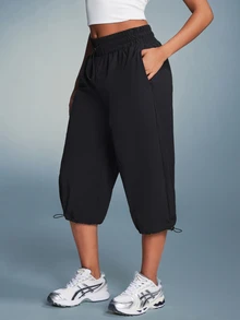 11SKNDS Wide Leg Cropped Pants With Elastic Drawstring Waist Side Pockets And Adjustable Hem Cords Lightweight Summer Festival Casual Style - Black - View 3