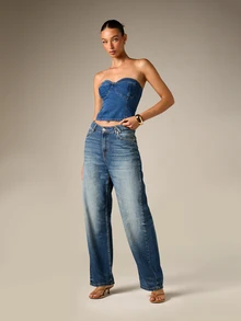 AiiRZ Denim Sweetheart Neckline Strapless Corset Crop Top Structured Bustier Boned Summer Festival Style - Blue - View 3