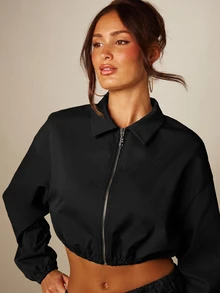 MISSGUIDED 短版拉鍊夾克，襯衫領、彈性下擺與泡泡袖，春季節慶度假外套 - 黑色 - 查看 5