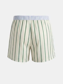 SUMWON Striped Boxer Shorts With Contrast Waistband Button Fly Elastic Waist Lounge Shorts Summer Sleepwear Pajama Bottoms - Green - View 2