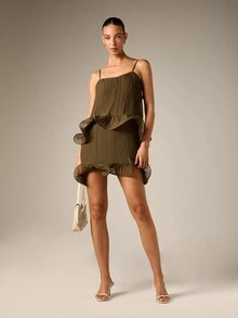 AiiRZ Pleated Chiffon Mini Dress With Tiered Ruffle Hem Spaghetti Straps Square Neck Shift Silhouette Summer Party Night Out - Green - View 4