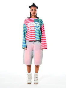 SUMWON WOMEN Sports Oversized Cropped Long Sleeve Striped T-Shirt With Japanese Script Print And Bell Sleeves Color Block Panels - Multicolor - View 3
