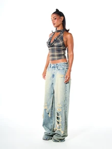 SUMWON WOMEN Heavily Distressed Baggy Wide Leg Jeans Low Rise Full Length Ripped Fringe Detail Vintage Light Wash Denim Festival Summer Y2K - Multicolor - View 3