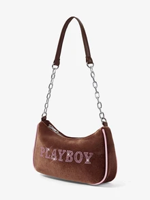 Missguided x Playboy 水鑽 Logo 天鵝絨肩背包，附鏈條背帶與粉色飾邊，法棍包手拿包 - 咖啡 - 查看 2