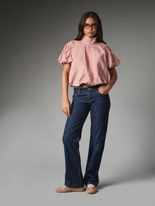 MISSGUIDED 泡泡短袖拉鍊高領短版上衣，泡泡下擺，府綢夏季休閒上衣 - 粉色 - 查看 4