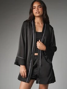 MISSGUIDED Satin Wrap Robe With White Contrast Piping Bell Ruffle Cuffs Self-Tie Belt V-Neck Mini Length Lounge Kimono Dressing Gown - Black and White - View 5