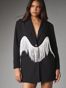 MISSGUIDED Oversized Black Blazer Dress With White Fringe Trim Detail Notched Lapel Long Sleeve Party Night Out Mini Length - Black - View 3